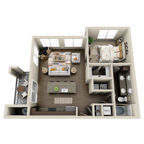 Floor plan for 1 bed, 1 bath, 757 sqft